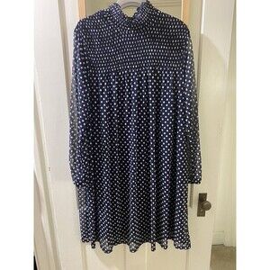 Stella & Julie Navy Blue White Polka Dot Mock Neck Smocked Shift Dress Size 14w